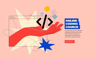 Çevrimiçi programlama ya da kodlama ya da mobil uygulama ya da web sitesi geliştirme sancak tasarımı konsepti. Elleri tarayıcı siluetinden çıkıyor ve modaya uygun parlak renklerde kod tutuyor. Vektör illüstrasyonu