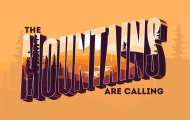 3D dağ harfleri. Poster, broşür ya da tişört tasarımı için dağ manzarası ile çift pozlama efekti. Vektör illüstrasyonu