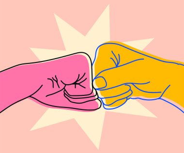 Yumruk tokuşturan iki parmağın görüntüsü. Takım çalışması, ortaklık, arkadaşlık, arkadaşlar, ruh elli jest konsepti. Pembe arka planda izole edilmiş. Vektör illüstrasyonu