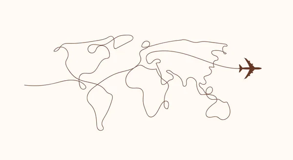 Üzerinde tek çizgi şeklindeki dünya haritası olan uçak silueti olan uçak konseptiyle seyahat edin. Beyaz arka planda izole edilmiş. Seyahat ya da tatil konsepti. Asgari vektör illüstrasyonu.