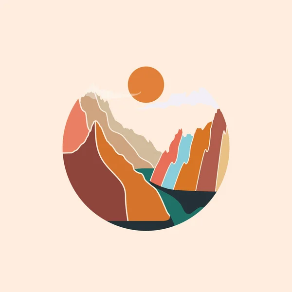 Modèle Conception Emblème Insigne Paysage Abstrait Coloré Montagnes Forme Cercle — Image vectorielle