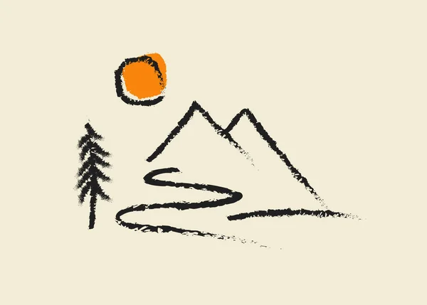 手を最小限の抽象的な山の風景概説描いた 山のロゴやアイコンやラベルやエンブレムやTシャツのデザインテンプレート ベクターイラスト — ストックベクタ