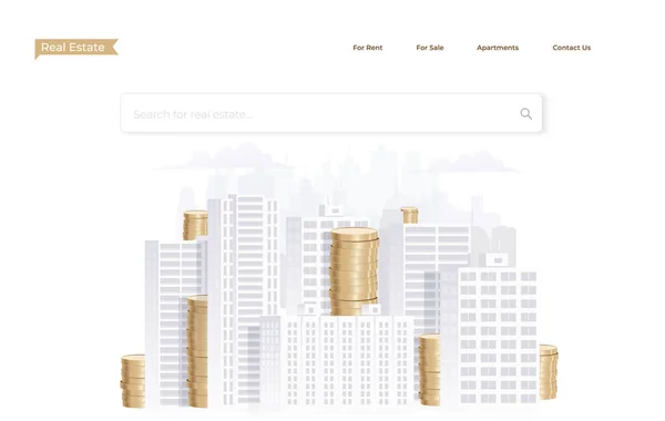 Immobilien Investment Website Homepage Oder Bannerkonzept Mit Stadtlandschaft Und Goldmünzen — Stockvektor