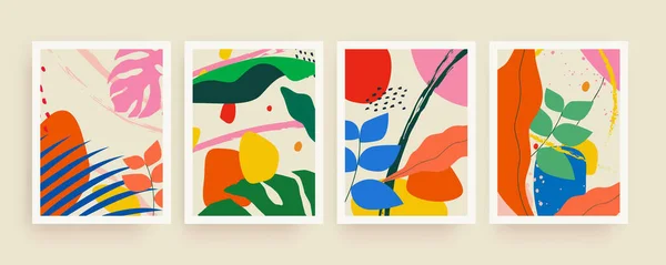 Soyut tropikal yapraklar ve broşür kapağı ya da afiş tasarımı için soyut el yazıları çizimleri içeren renkli, minimalist yaz arkaplanı seti. Vektör illüstrasyonu