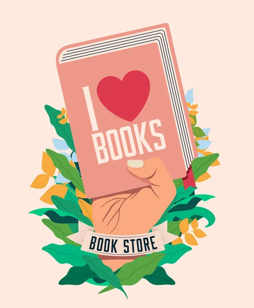 stock vector I love books. Book reading concept with raised hand holding book for poster or flyer or banner design for book store or fair or literature festival. Vector illustration