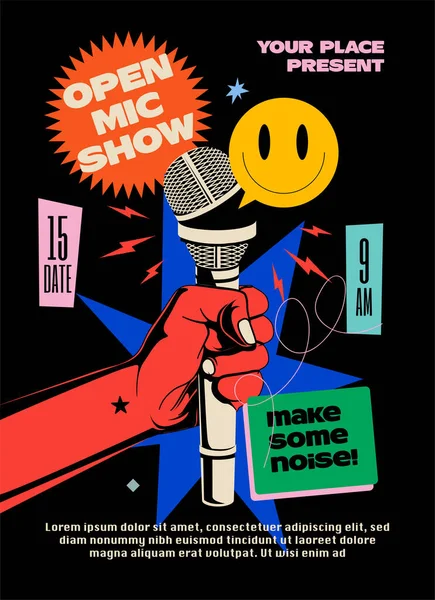 Açık mikrofon gece komedisi stand up poster veya broşür veya pankart tasarım şablonu açık mikrofon ve parlak elementler siyah arkaplan üzerinde. Vektör illüstrasyonu