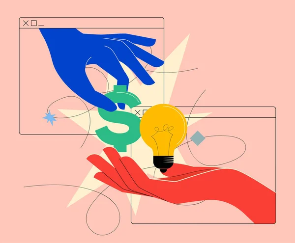 Fikirler için para ya da fikir satmak ya da yatırım yapmak ya da fikri değiştirmek için internet üzerinden para değiştiren parlak renkli illüstrasyon kavramına kitle fonlaması yapmak. Vektör illüstrasyonu