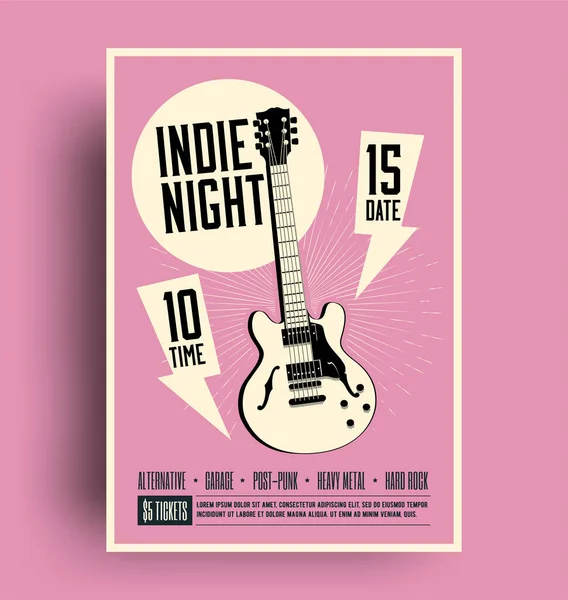 Indie Night Rockミュージックパーティーやコンサートチラシのデザインテンプレートには 赤い背景に黒いギターシルエット ライブ音楽イベントやコンサートプロモーション用のポスターがあります ベクターイラスト — ストックベクタ