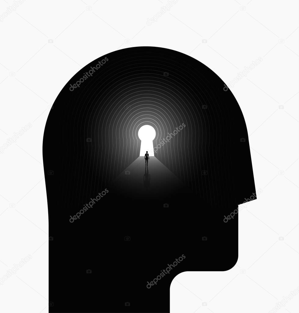 Inner world or inner space psychologic concept with black human head silhouette with human silhouette walking into the light at the end of the tunnel. Conceptual abstract vector illustration