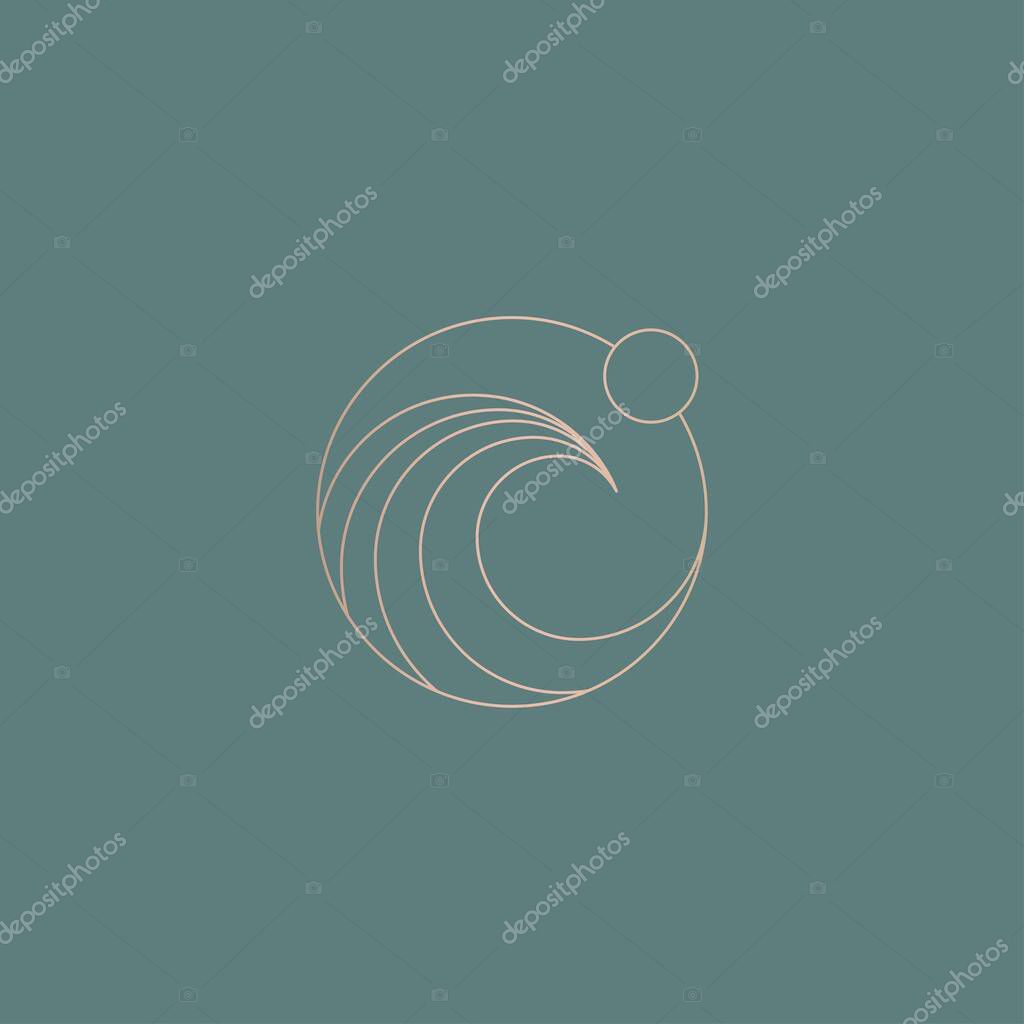 Minimalist thin lined sun and wave logo or icon design template in golden color on green background. Vector illustration