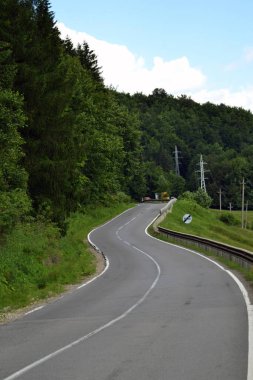 Dağlık bir bölgeyi geçen ana yol. Sağda yaprak döken ormanı ve solda nehrin dik vadisini görebilirsiniz.