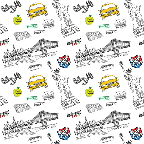 El çizilmiş skeç taksi, hotdog, burger, özgürlük heykeli, gazete, manhatan köprü ile New York şehir sorunsuz desen. Çizim doodle vektör illüstrasyon, beyaz izole — Stok Vektör