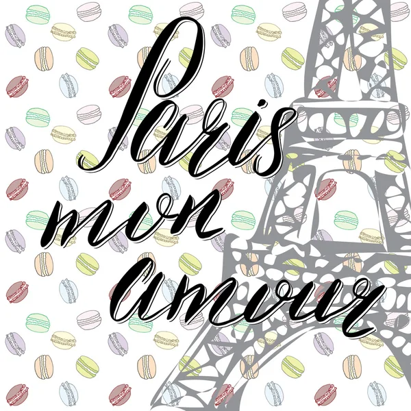 Paris meu amor lettering sinal, palavras francesas, com mão desenhado esboço eiffel torre no abstrato fundo vetor ilustração —  Vetores de Stock