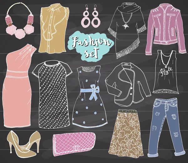 Coleção de moda Doodles set. Desenho desenhado à mão com sapatos de vestido, calças e jaqueta, bolsa e acessórios vetor Ilustração Design Elementos sobre chalkboard Fundo — Vetor de Stock