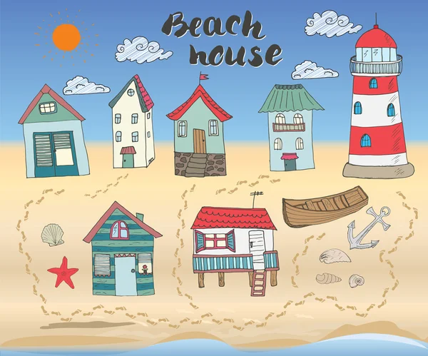 Cabañas y bungalows de playa, esquema dibujado a mano doodle color conjunto con barco de madera casa de luz y ancla, conchas marinas y pasos en la playa de arena, ilustración vectorial — Vector de stock