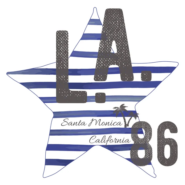 Design de tipografia de camiseta, LA califórnia santa monica beach printing graphics, tipografia vetorial, design gráfico de Los Angeles para impressão de etiquetas ou camisetas, emblema, aplique — Vetor de Stock