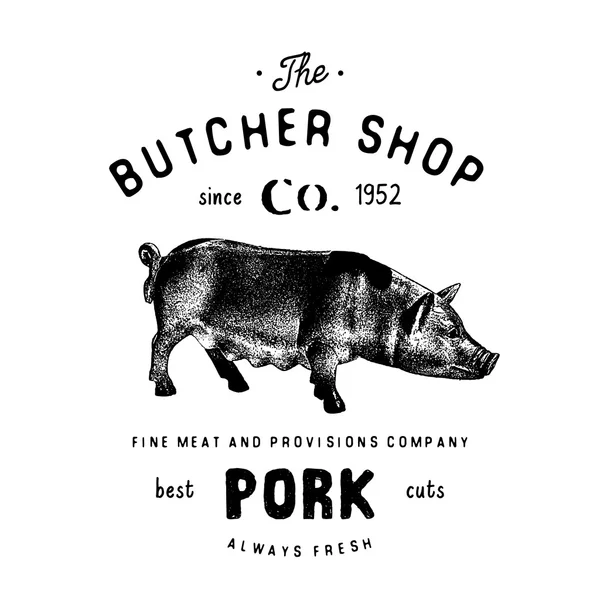 Boucherie emblème vintage produits de viande de porc, modèle de boucherie Logo style rétro. Design vintage pour Logotype, Étiquette, Badge et design de marque. illustration vectorielle isolée sur blanc — Image vectorielle