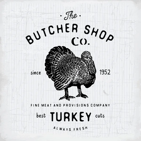 Butcher Shop emblema vintage produtos de carne de peru, açougue logotipo modelo estilo retro. Design Vintage para Logotipo, Etiqueta, Emblema e design de marca. ilustração vetorial —  Vetores de Stock