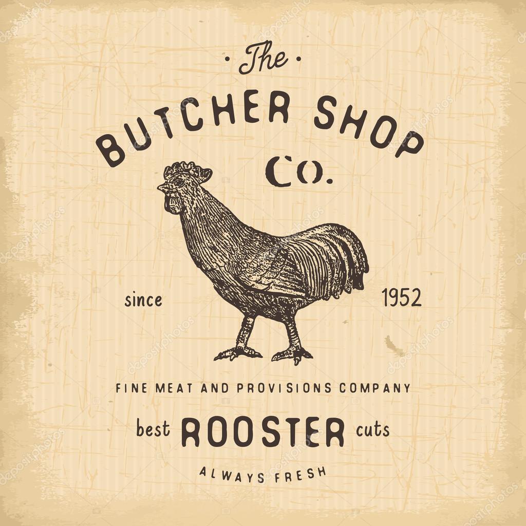 Butcher Shop vintage emblem rooster meat products, butchery Logo template retro style. Vintage Design for Logotype, Label, Badge and brand design. vector illustration.