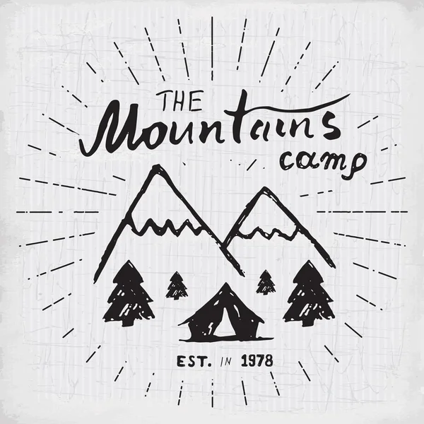 stock vector Mountains handdrawn sketch emblem. outdoor camping and hiking activity, Extreme sports, outdoor adventure symbol, vector illustration on grunge background