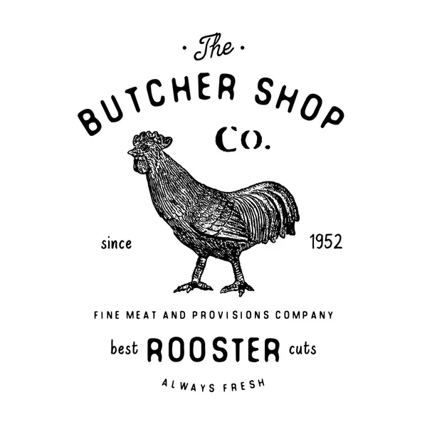 Kasap dükkanı vintage amblemi horoz et ürünleri, kasaplık Logo şablonu retro tarzı. Vintage tasarım logo, etiket, rozet ve marka tasarımı için. vektör çizim üzerinde beyaz izole — Stok Vektör