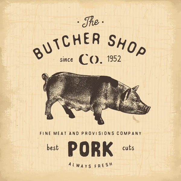 Sklep mięsny zabytkowe godło wieprzowiny produkty mięsne, Butchery logo szablon w stylu retro. Vintage Design dla logotypu, etykiety, plakietki i marki. ilustracja wektorowa — Wektor stockowy