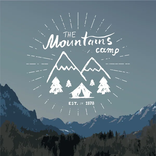 Mountains handdrawn sketch emblem. outdoor camping and hiking activity, Extreme sports, outdoor adventure symbol, vector illustration on mountain landscape background — 스톡 벡터