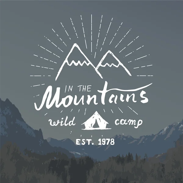Mountains handdrawn sketch emblem. outdoor camping and hiking activity, Extreme sports, outdoor adventure symbol, vector illustration on mountain landscape background — 스톡 벡터