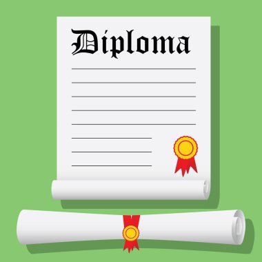Flat design modern vector illustration of Degree Scroll with Red Ribbon and Diploma, on color background clipart
