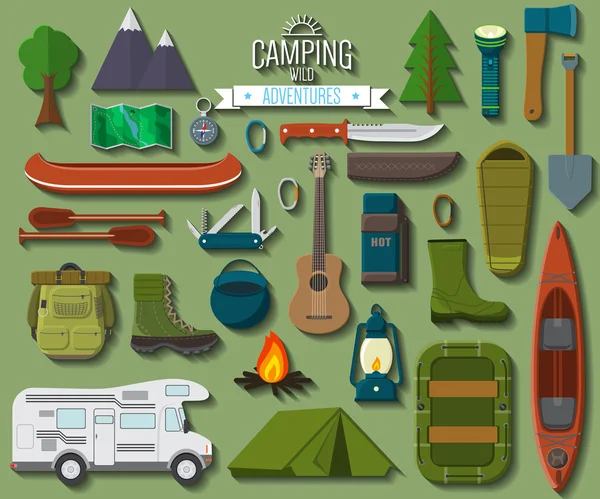 Design plano moderna ilustração vetorial de camping e caminhadas conjunto de equipamentos. Viagens e itens de férias, carro barco de borracha e sapatos, barraca, faca e machado, mochila e caminhadas sapatos, fogueira e guitarra — Vetor de Stock