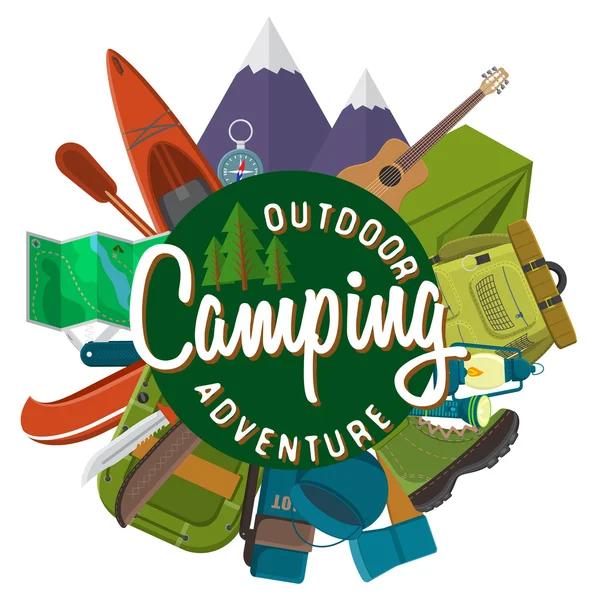 Design plano moderna ilustração vetorial de camping e caminhadas conjunto de equipamentos. Viagens e itens de férias, carro barco de borracha e sapatos, barraca, faca e machado, mochila e caminhadas sapatos, fogueira e guitarra — Vetor de Stock