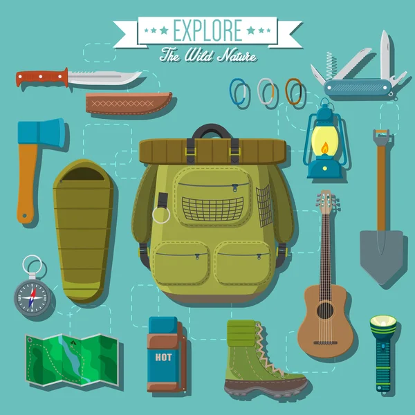 Flat design modern vector illustration of camping and hiking equipment set. Travel and vacation items, knife and axe, backpack and hiking boots, lantern and guitar, sleeping bag, map and compass — Stock Vector