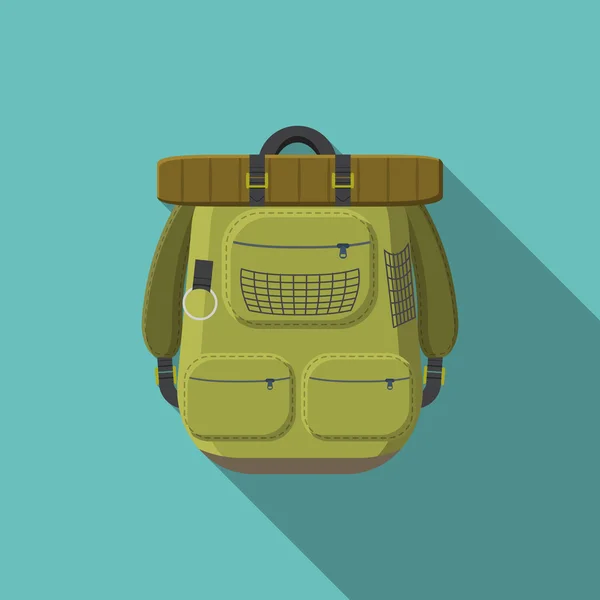 Diseño plano moderno vector ilustración del icono de la mochila turística, camping y equipo de senderismo con sombra larga — Vector de stock