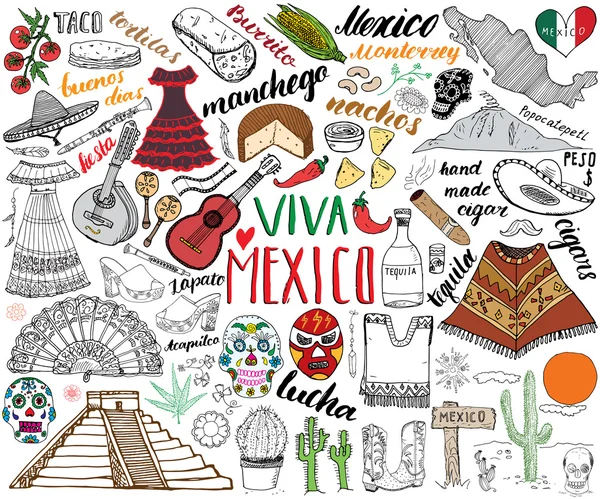 México bosquejo dibujado a mano conjunto vector ilustración — Vector de stock