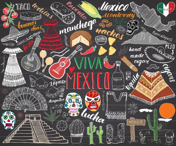 México bosquejo dibujado a mano set vector ilustración pizarra — Vector de stock