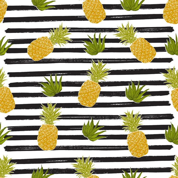 Ananas disegnato a mano schizzo a strisce senza cuciture Pattern. Illustrazione vettoriale . — Vettoriale Stock
