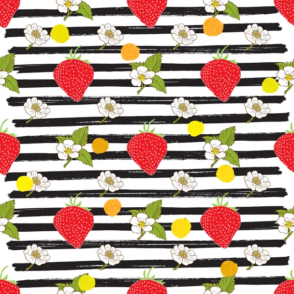 草莓手的素描画条纹无缝模式。矢量图. — 图库矢量图片