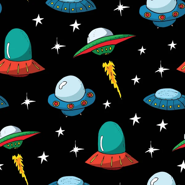 Ufo Aliens Naadloos Patroon Leuke Doodles Ruimteschets Handgetekend Cartoon Vector — Stockvector