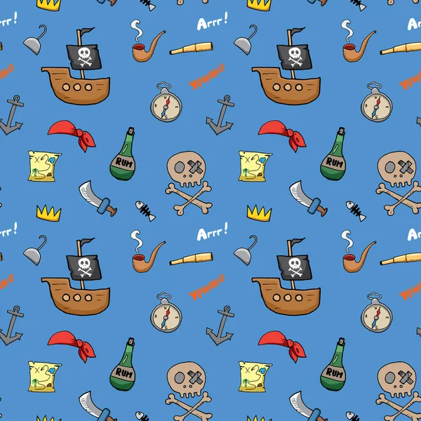 Пиратские Каракули Бесшовный Рисунок Милый Набросок Пиратских Предметов Векторная Иллюстрация — стоковый вектор