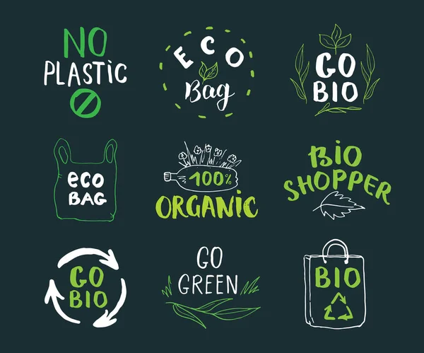 Eco Bio Käsin Piirretyt Etiketit Set Kalligrafinen Letterings Ympäristöystävällisiä Luonnos — vektorikuva
