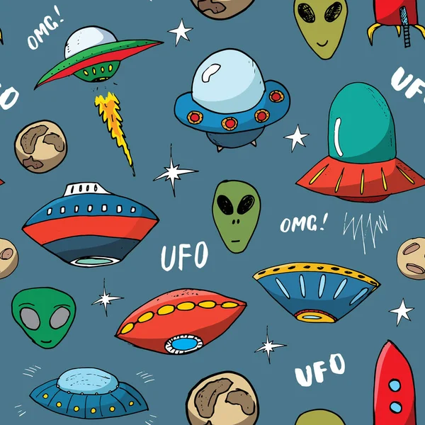 Ufo Och Utomjordingar Sömlöst Mönster Söta Doodles Rymdskeppsskiss Handritad Tecknad — Stock vektor