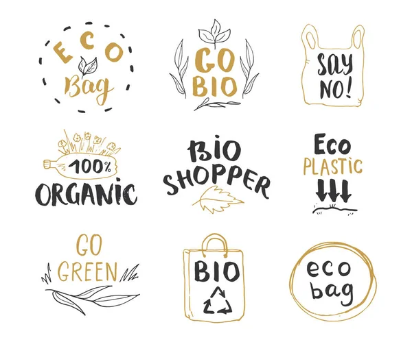 Eko Bio Ręcznie Rysowane Etykiety Zestaw Litery Kaligraficzne Ekologicznymi Elementami — Wektor stockowy