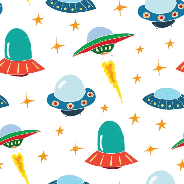 Ufo Extraterrestres Patrón Sin Costuras Bonitos Dibujos Naves Espaciales Doodles — Vector de stock