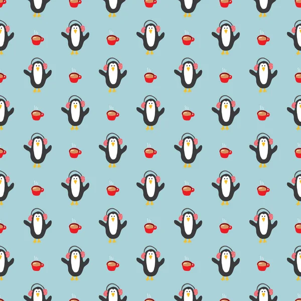 Neujahr Und Weihnachten Nahtlose Muster Mit Pinguinen Handgezeichnete Doodles Nahtloses — Stockvektor