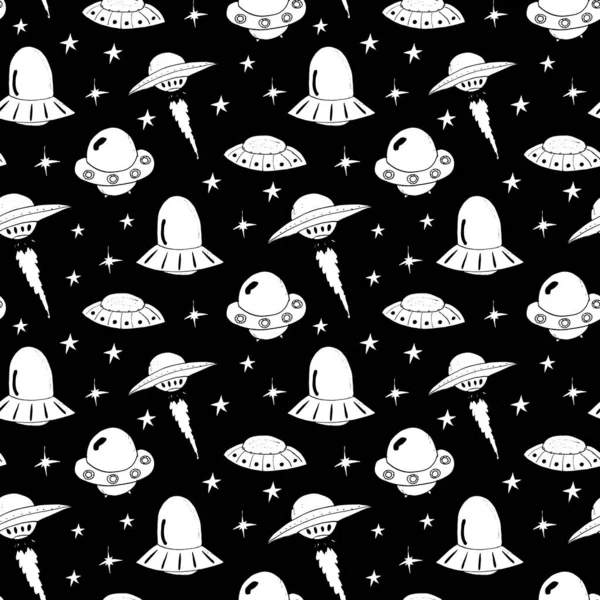 Ufoとエイリアンシームレスなパターン かわいい落書き宇宙船のスケッチ 手描き漫画ベクトルイラスト — ストックベクタ