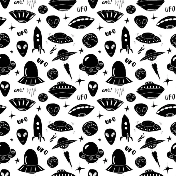 Ufo Aliens Naadloos Patroon Leuke Doodles Ruimteschets Handgetekend Cartoon Vector — Stockvector