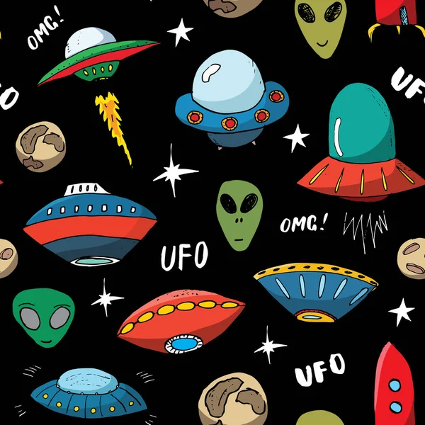 Ufo Aliens Seamless Pattern Cute Doodles Space Ships Sketch Hand — Stock Vector