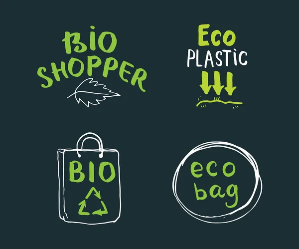 Eco Bio Käsin Piirretyt Etiketit Set Kalligrafinen Letterings Ympäristöystävällisiä Luonnos — vektorikuva