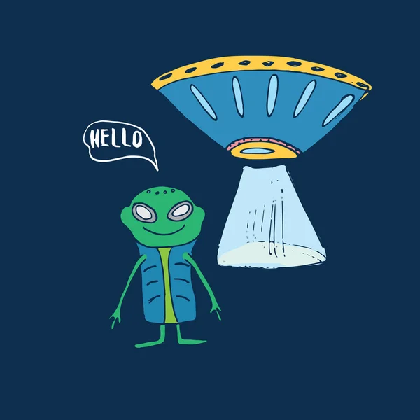 Lindo Alien Ufo Dibujos Animados Dibujado Mano Extraterrestres Nave Espacial — Vector de stock