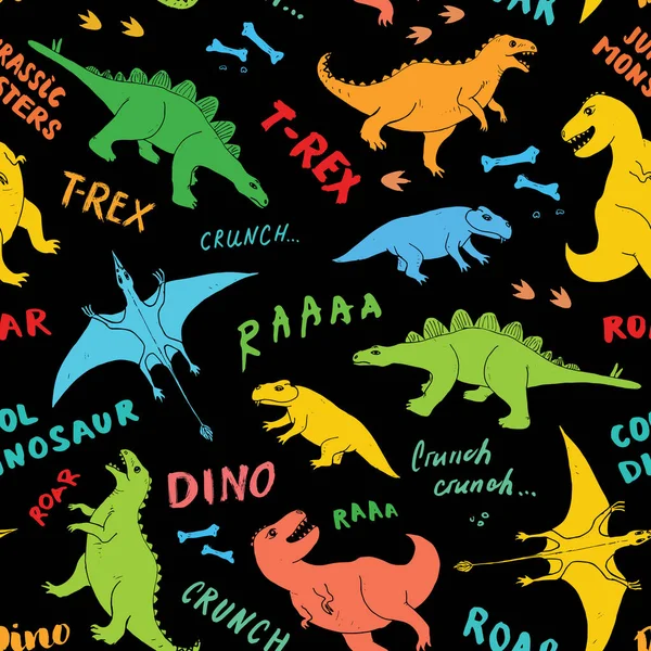 Padrão Sem Costura Dino Bonito Desenhos Animados Mão Desenhada Dinossauros — Vetor de Stock